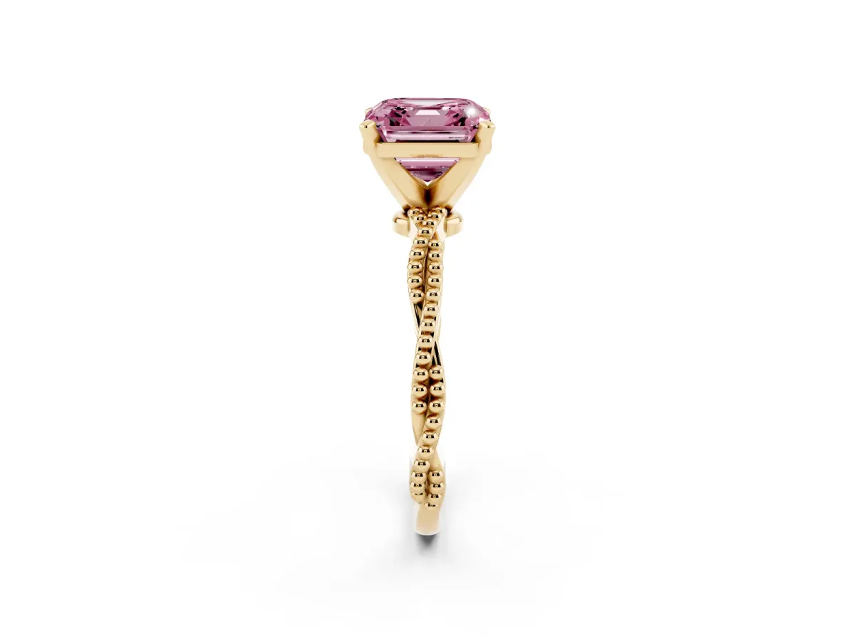 Fancy Pink Asscher Cut Solitaire Twisted Band with Bead Prong Setting Yellow gold