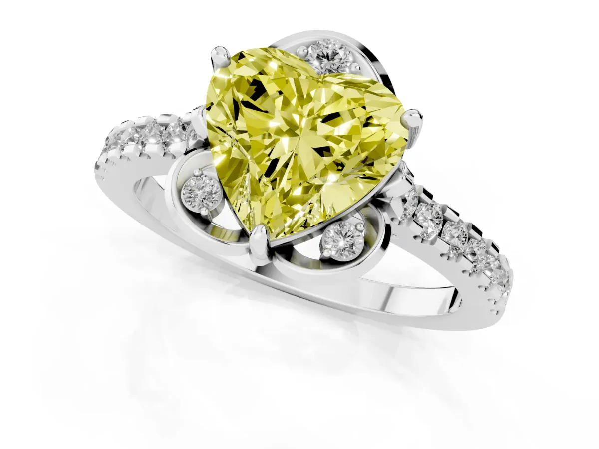 Fancy Yellow Heart Cut Diamond Ring with Pavé Band and Floral Prong Setting Silver