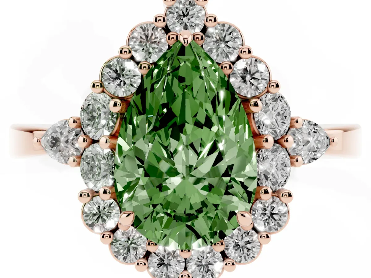 Fancy Green Pear Cut Diamond Halo Ring with Pear Side Stones and Prong Setting Rose gold