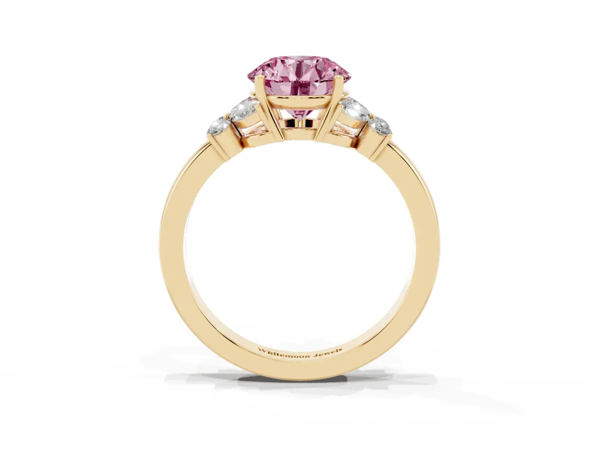 Fancy Pink Round Cut Cut Solitaire Floral Diamond Ring with Four-Prong Setting Yellow gold