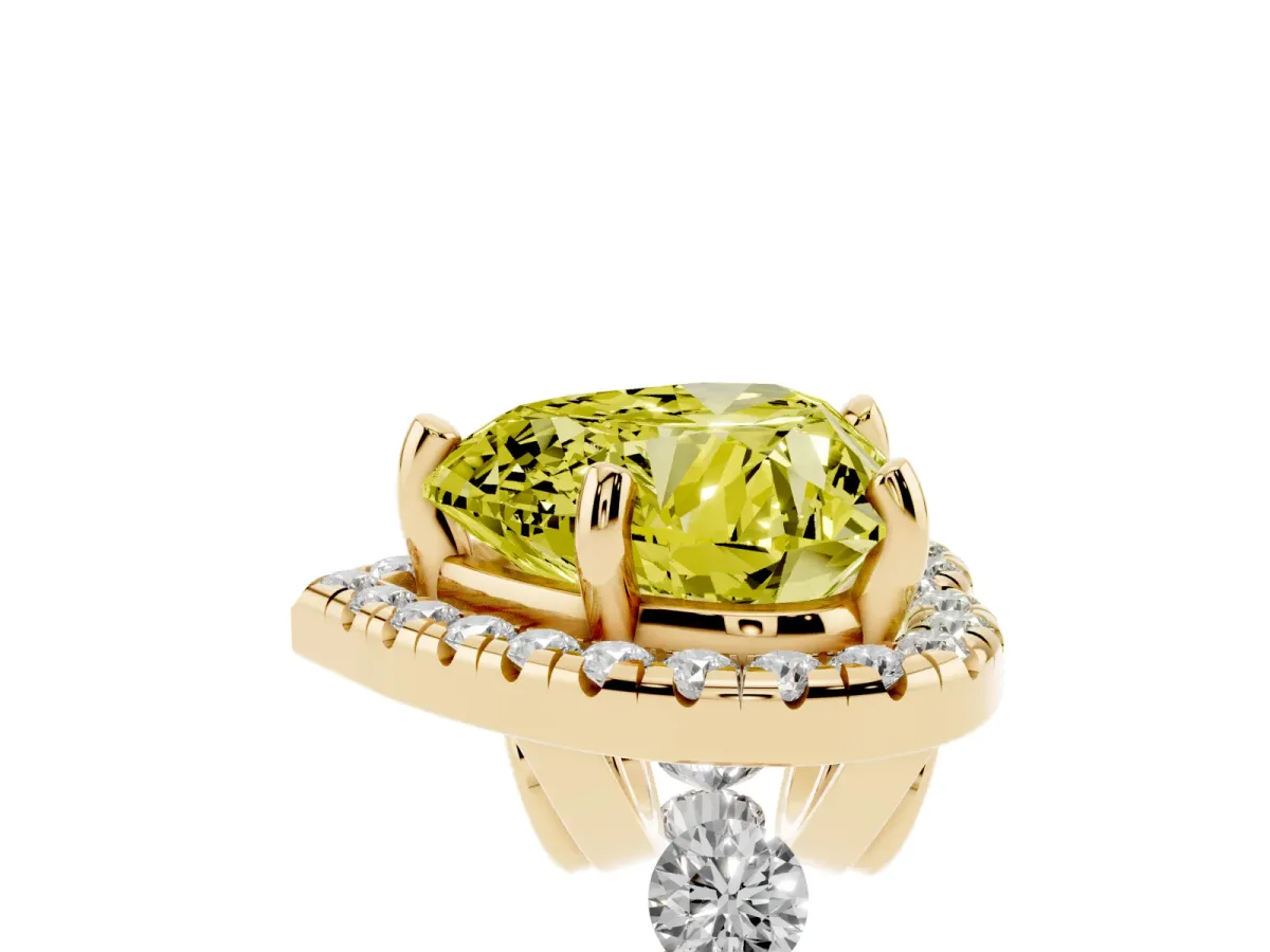 Fancy Yellow Heart Cut Halo Pavé Diamond Engagement Ring with Four-Prong Setting Yellow gold