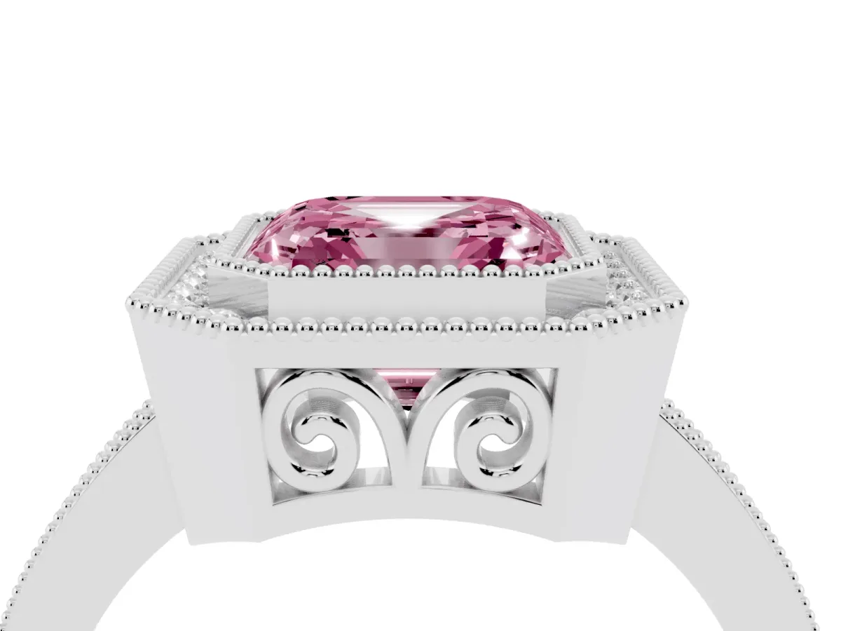 Fancy Pink Asscher Cut Cut Halo Diamond Ring with Pavé Band and Milgrain Prong Setting Silver