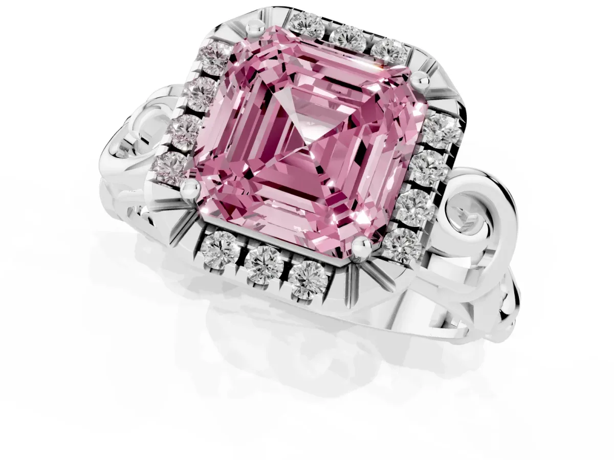 Fancy Pink Asscher Cut Cut Halo Diamond Ring with Scrollwork Band and Four-Prong Setting Silver