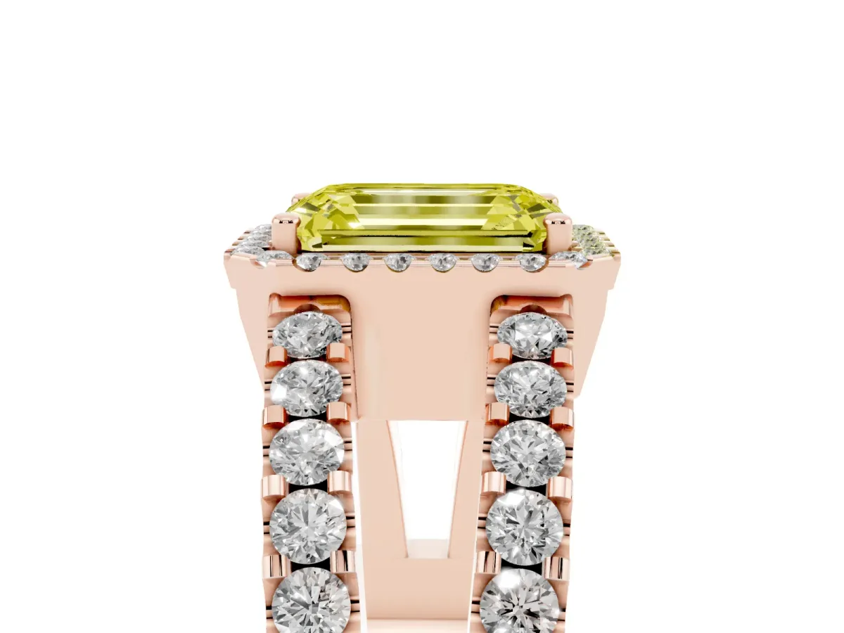 Fancy Yellow Emerald Cut Cut Halo Split Shank Diamond Ring with Four-Prong Setting Rose gold