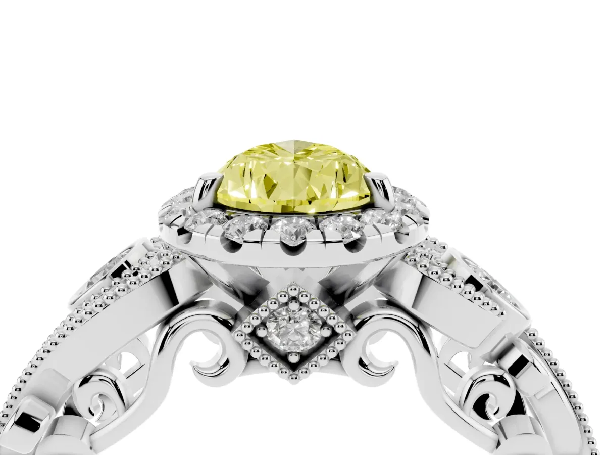 Fancy Yellow Pear Cut Diamond Halo Ring with Milgrain Pavé Band and Four-Prong Setting Platinum