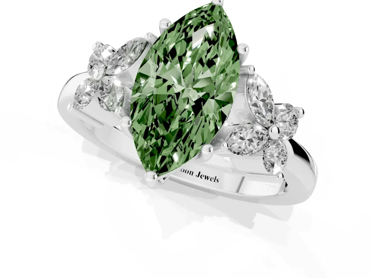 Fancy Green Marquise Cut Diamond Floral Cluster Ring with Solitaire Band and Prong Setting Platinum