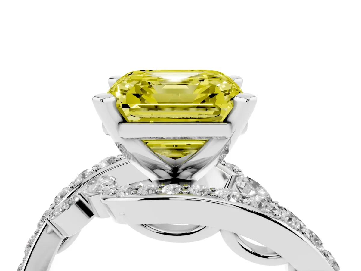 Fancy Yellow Asscher Cut Solitaire with Pavé Twist Band and Four-Prong Setting Platinum
