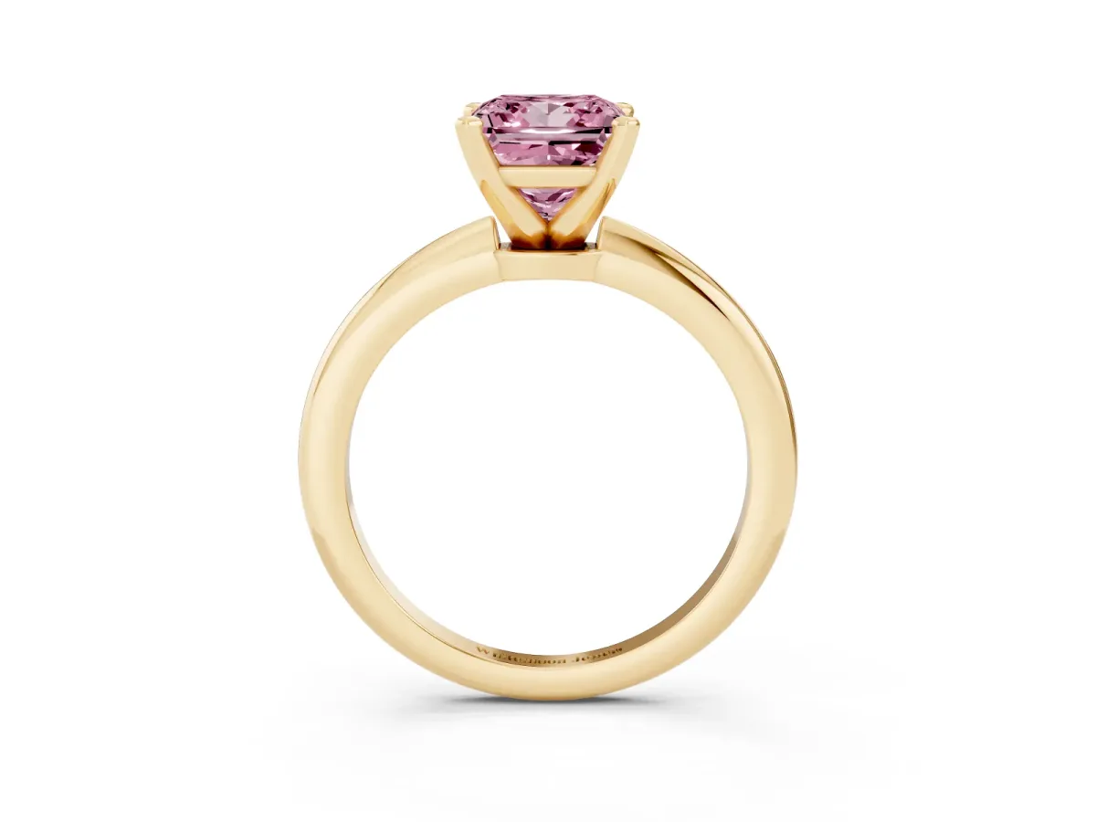 Fancy Pink Princess Cut Diamond Solitaire Ring with Prong Setting and Classic Band Yellow gold