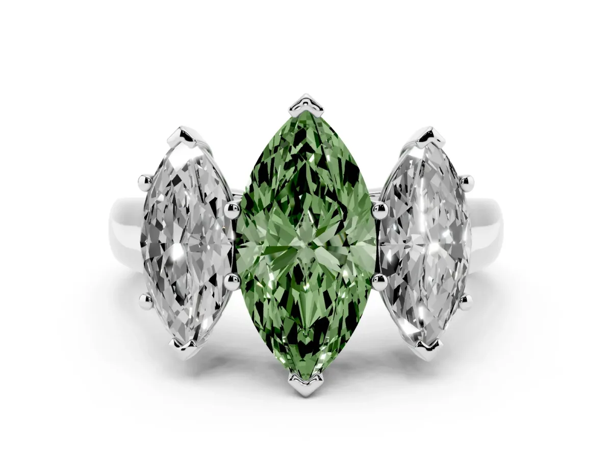 Fancy Green Marquise Cut Three-Stone Diamond Ring with Prong Setting on a Classic Band Silver