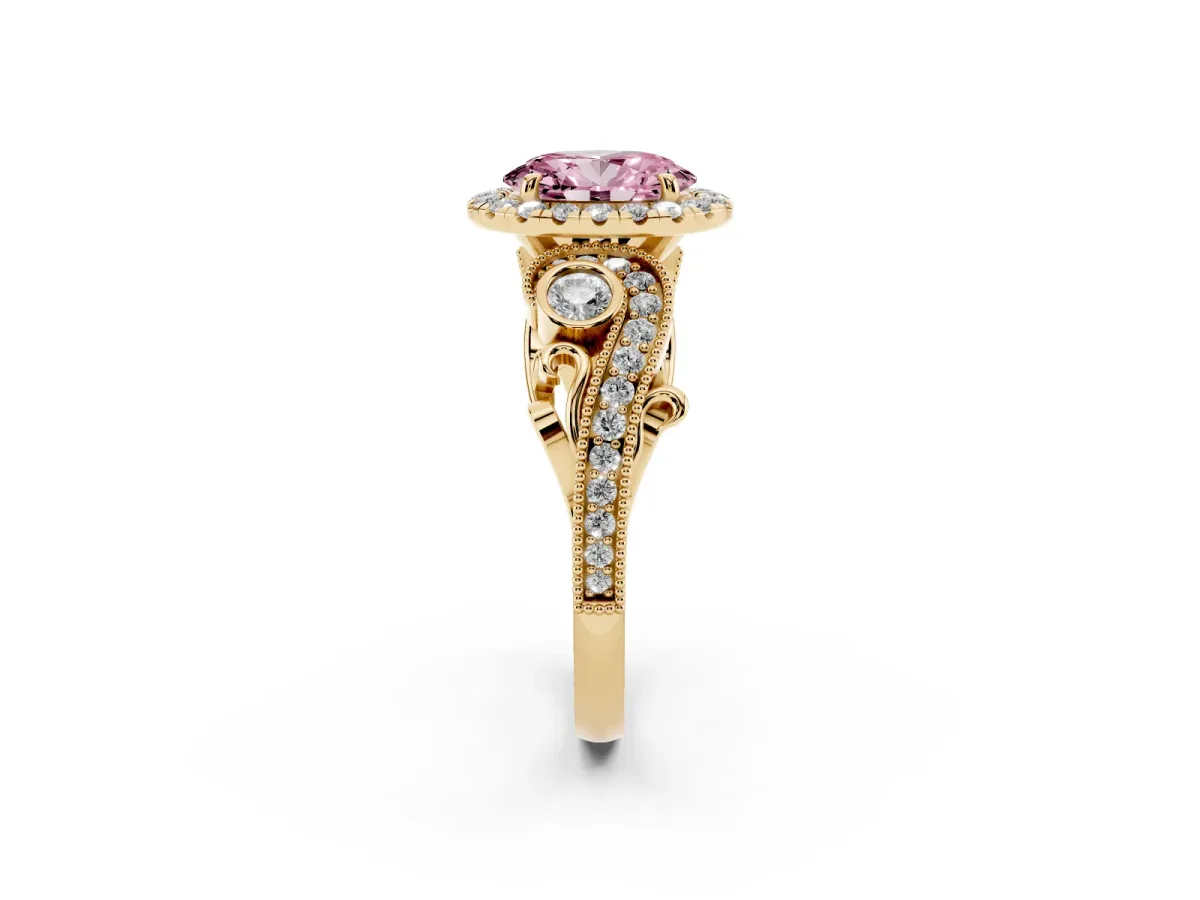 Fancy Pink Oval Cut Halo Diamond Ring with Milgrain and Bezel Accents on a Split Shank Band Yellow gold