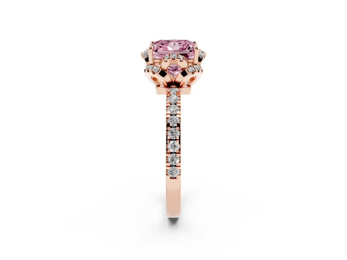 Fancy Pink Princess Cut Halo Diamond Pave Band Ring with Four-Prong Setting Rose gold