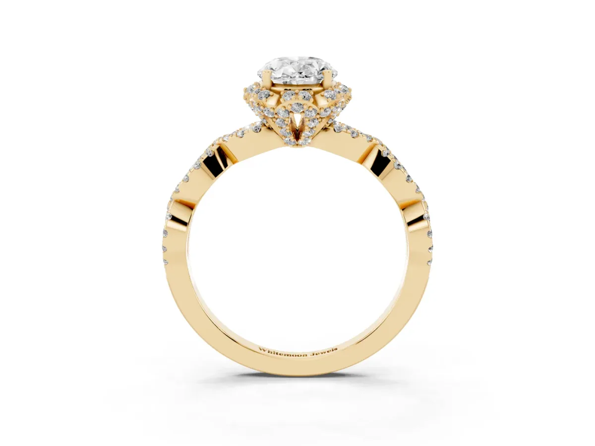 Oval Cut Halo Twist Band Solitaire Ring with Six-Prong Setting Yellow gold
