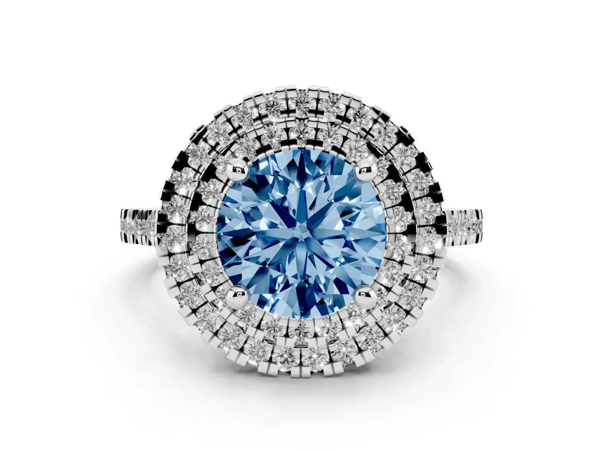 Fancy Blue Double Halo Round Cut Diamond Pavé Band with Four-Prong Setting Silver