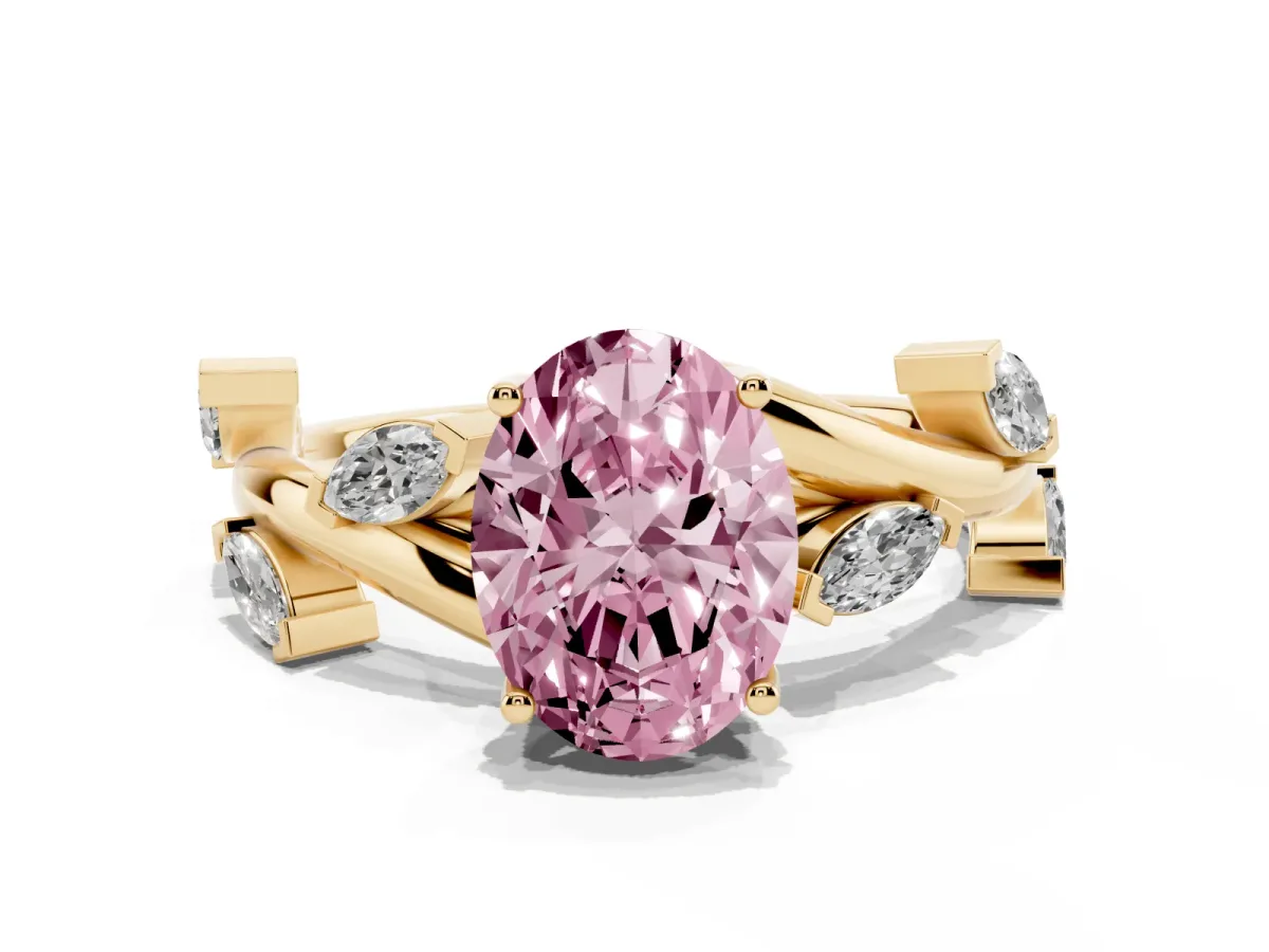 Fancy Pink Oval Cut Solitaire Twisted Band Marquise Accent Prong Setting Ring Yellow gold