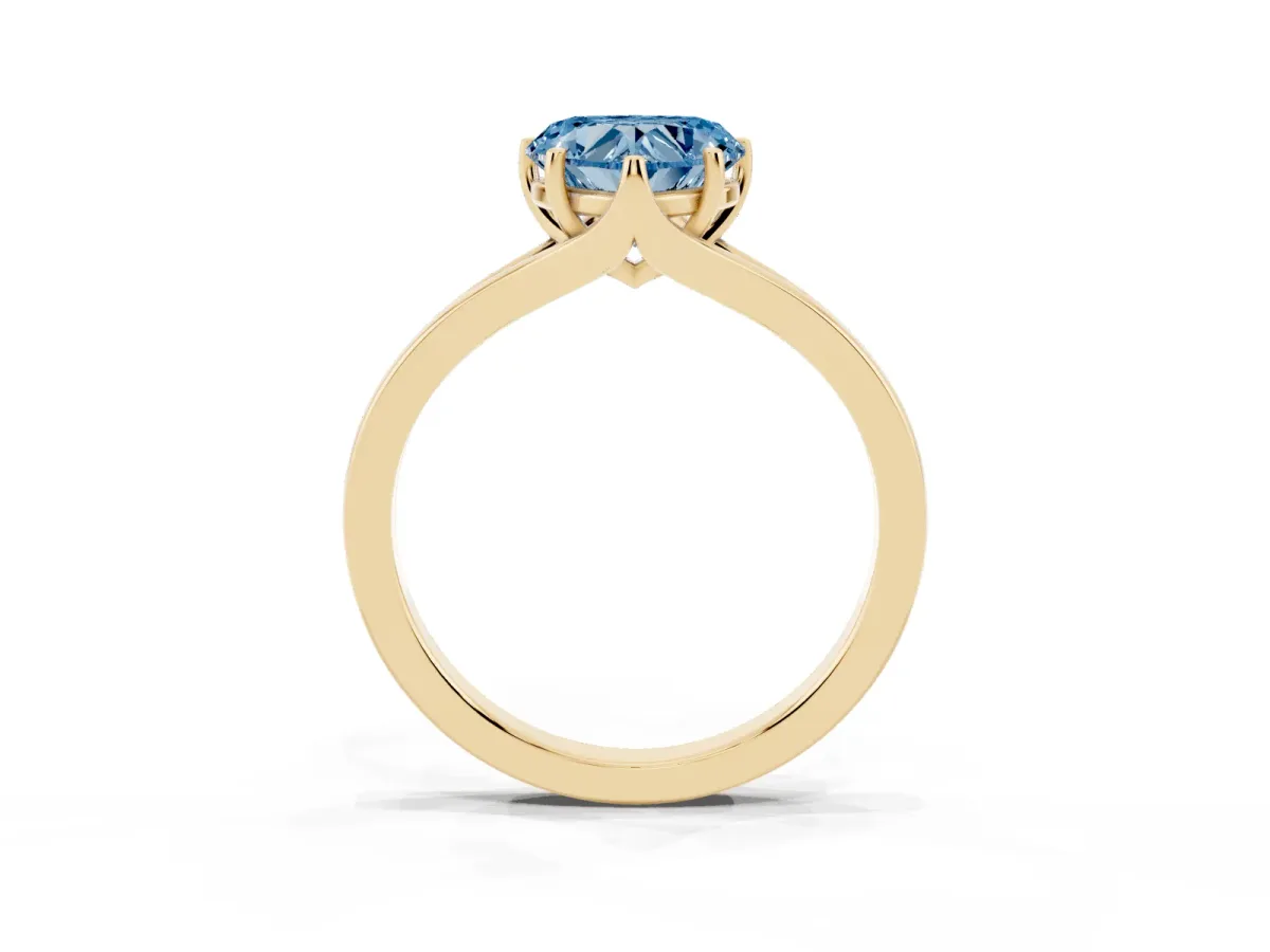 Fancy Blue Heart Cut Solitaire Diamond Ring with Six-Prong Setting and Tapered Band Yellow gold