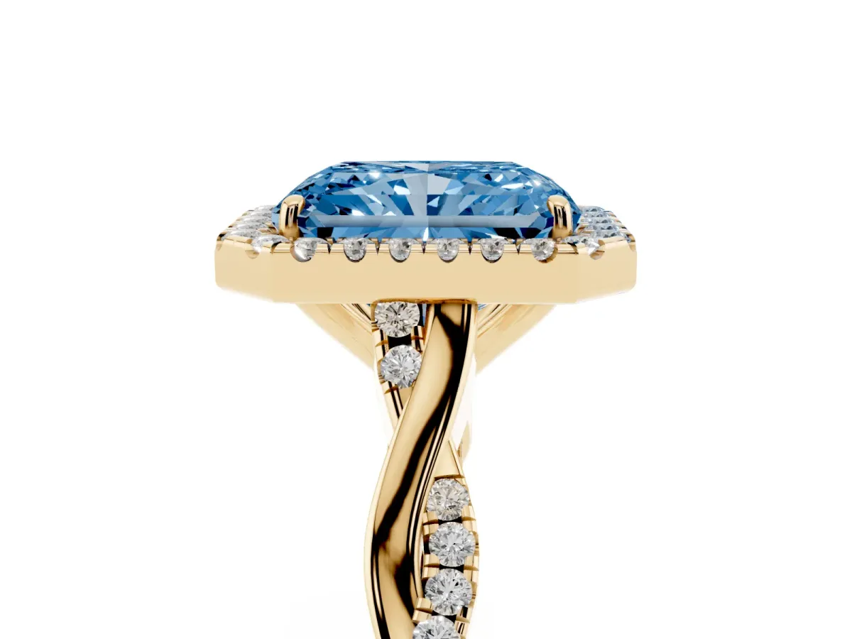 Fancy Blue Radiant Cut Halo Twist Band Solitaire Ring Yellow gold