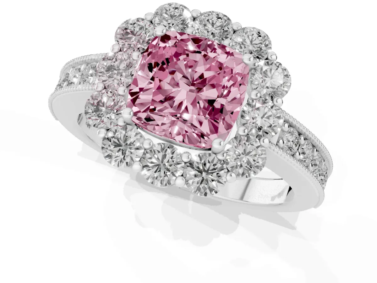 Fancy Pink Cushion Cut Cut Halo Diamond Pavé Engagement Ring with Milgrain Detailing Silver