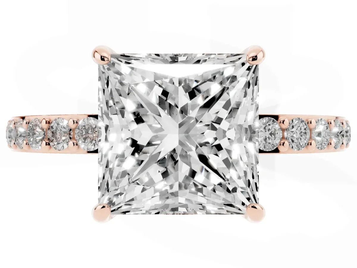 Princess Cut Diamond Pavé Engagement Ring with Round Accents and Prong Setting Rose gold