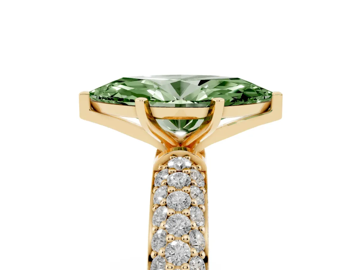 Fancy Green Marquise Cut Diamond Solitaire Ring with Prong Setting and Pavé Band Yellow gold