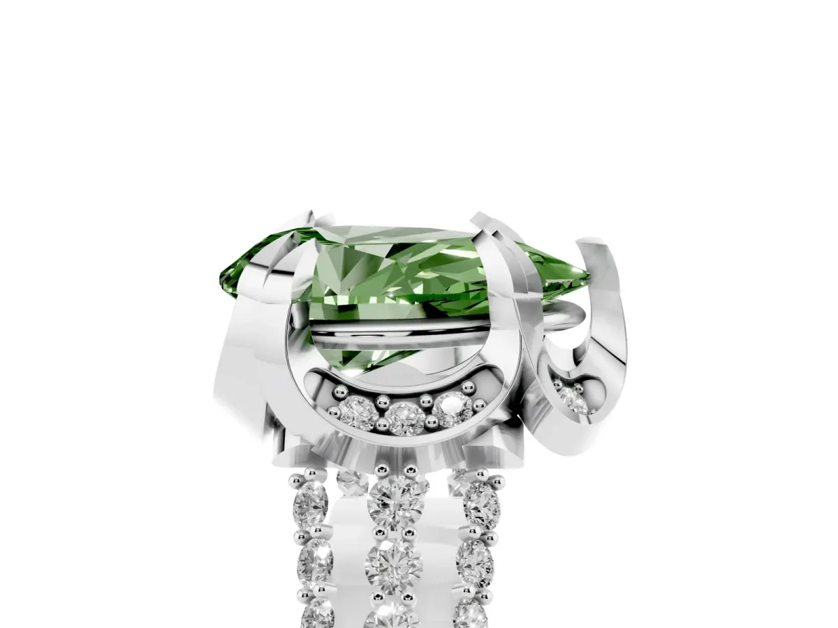 Fancy Green Pear Cut Solitaire Pave Split Shank Ring with Four-Prong Setting Silver