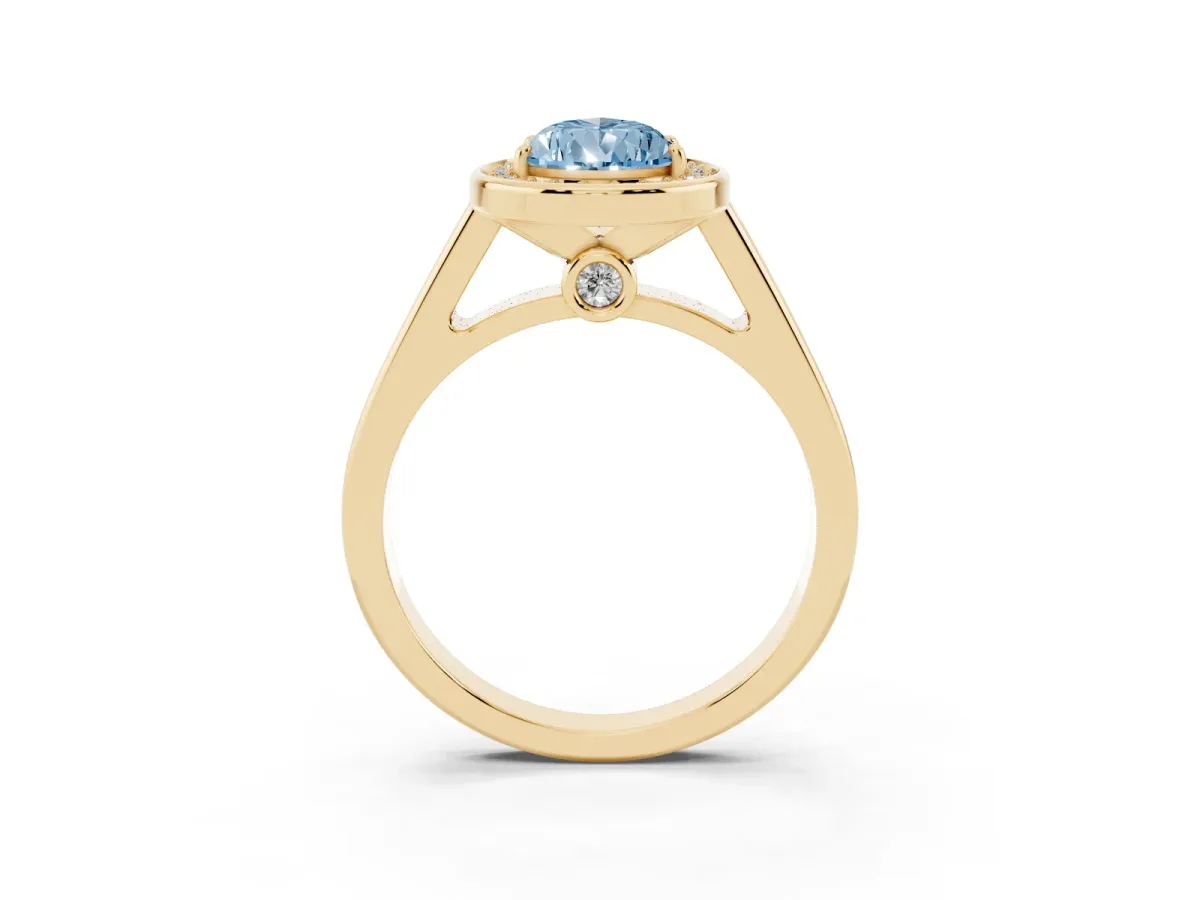 Fancy Blue Pear Cut Halo Solitaire Diamond Ring with Pave Band and Bezel Setting Yellow gold