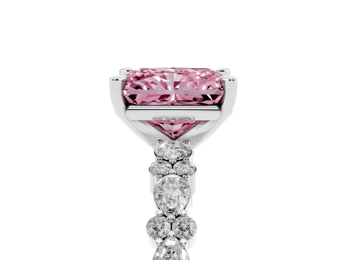 Fancy Pink Radiant Cut Diamond Side Stone Solitaire Ring with Round and Four-Prong Setting Silver