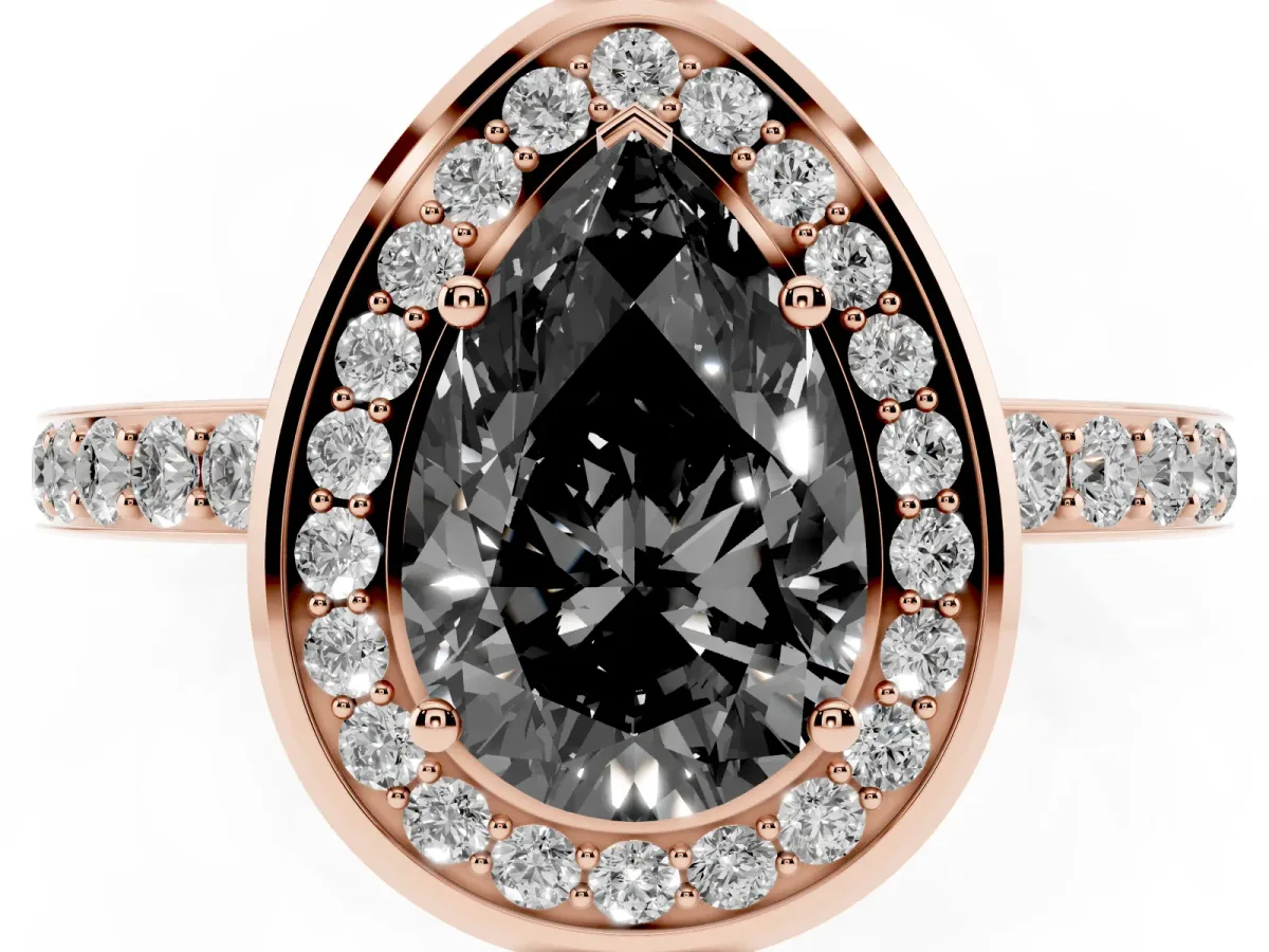 Fancy Black Pear Cut Diamond Halo Ring with Bezel Frame and Pavé Band Rose gold