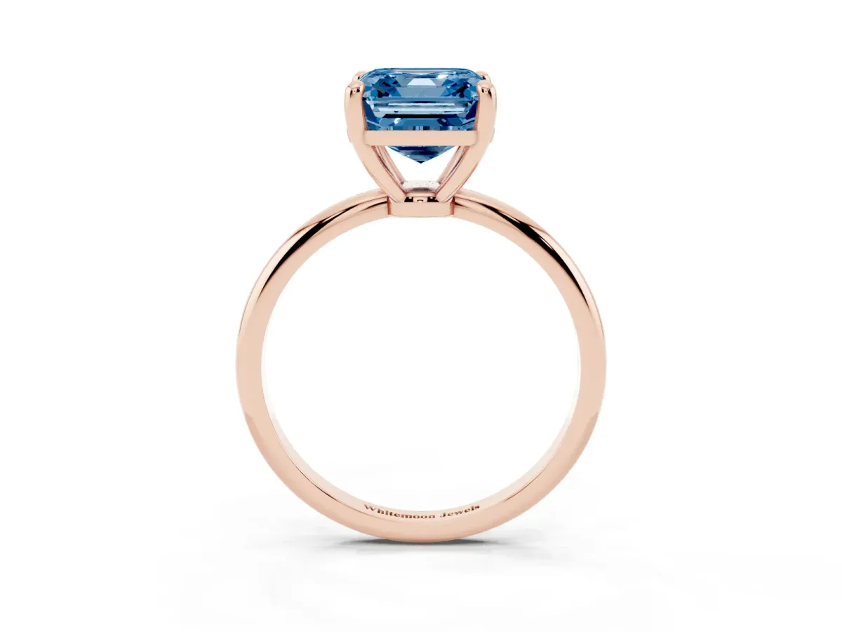 Fancy Blue Asscher Cut Solitaire Diamond Ring with 4-Prong Setting on a Classic Band Rose gold