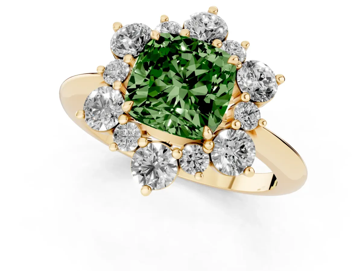 Fancy Green Cushion Cut Diamond Cluster Halo Ring with Solitaire Band and Four-Prong Setting Yellow gold