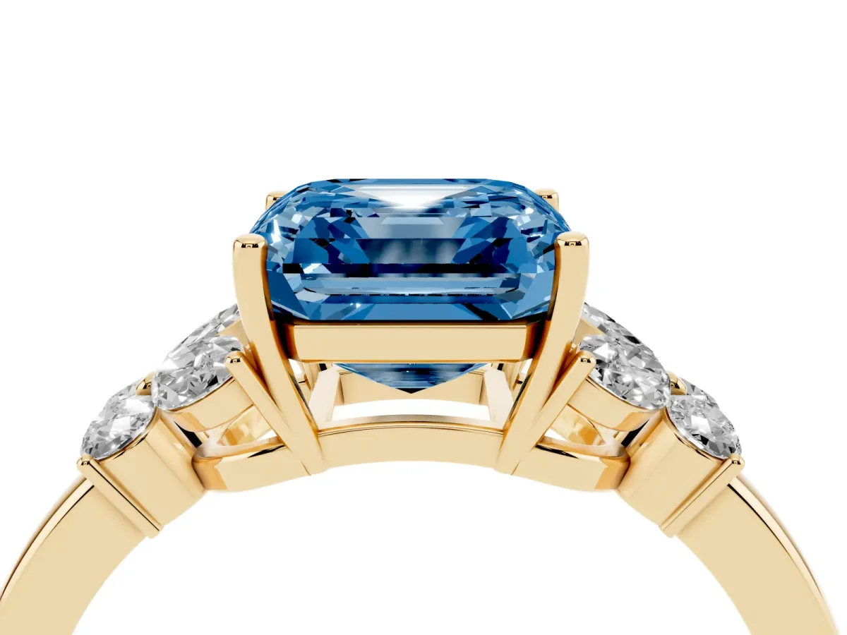 Fancy Blue Asscher Cut Cut Solitaire Floral Diamond Ring with Four-Prong Setting Yellow gold