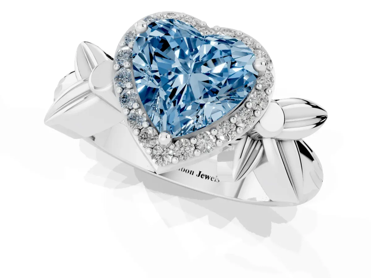 Fancy Blue Heart Cut Halo Diamond Floral Band with Four-Prong Setting Silver