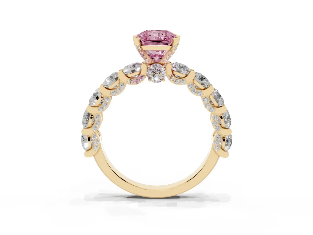 Fancy Pink Radiant Cut Diamond Side Stone Engagement Ring with Four-Prong Setting Yellow gold