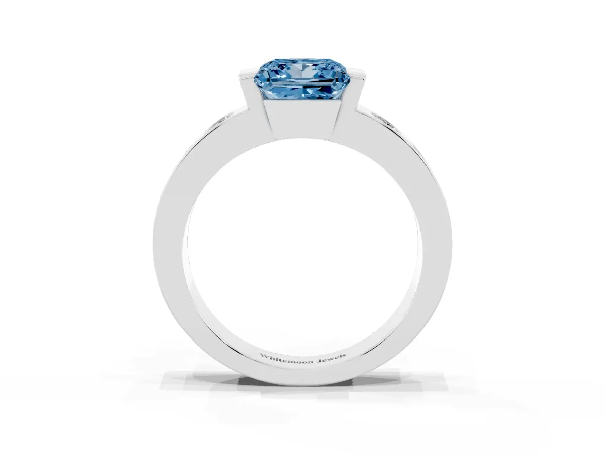 Fancy Blue Princess Cut Brilliant Channel-Set Diamond Ring with Bezel Prong Setting Silver