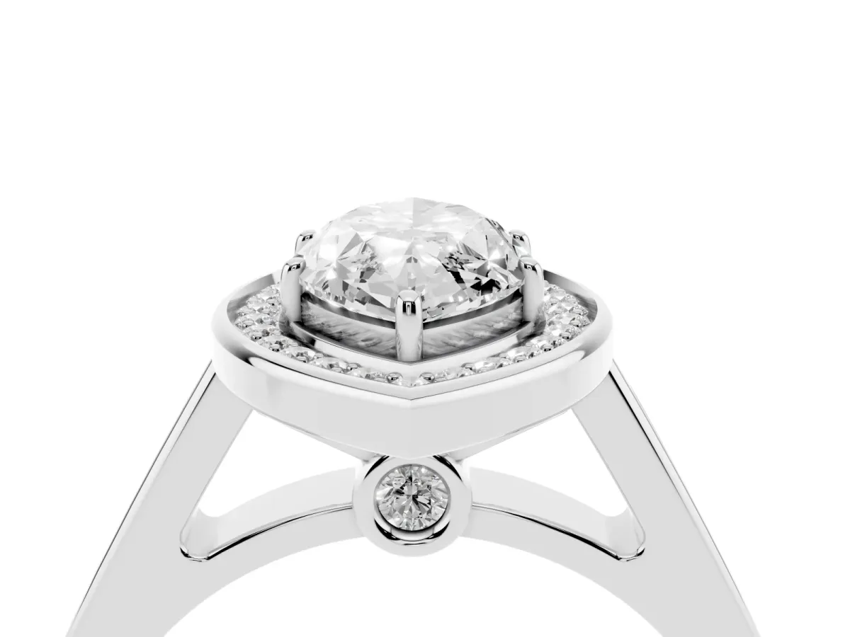 Marquise Cut Halo Solitaire Diamond Ring with Pave Band and Bezel Setting Silver