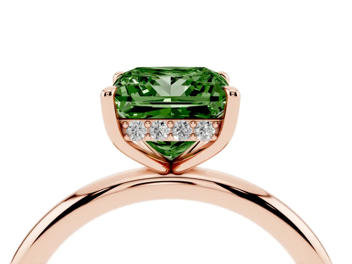 Fancy Green Princess Cut Diamond Solitaire Ring with Thin Band and Four-Prong Setting Rose gold