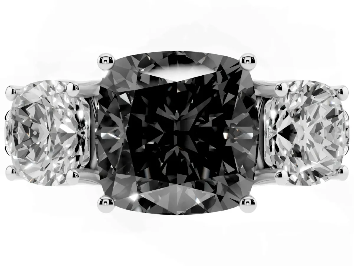 Fancy Black Three-Stone Cushion Cut Diamond Pavé Band with Prong Setting Platinum