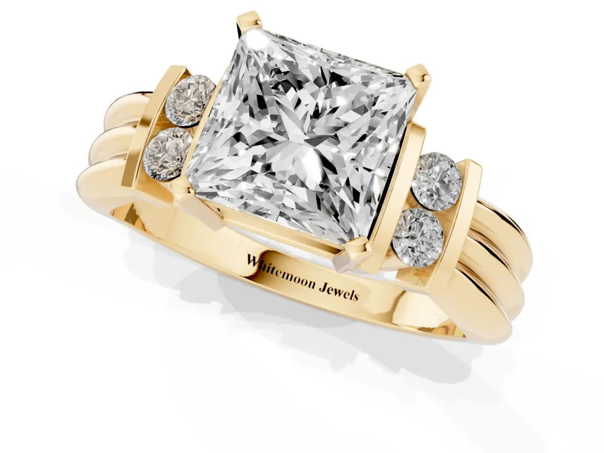 Princess Cut Cut Three-Stone Channel Set Ring with Bar Prongs Yellow gold