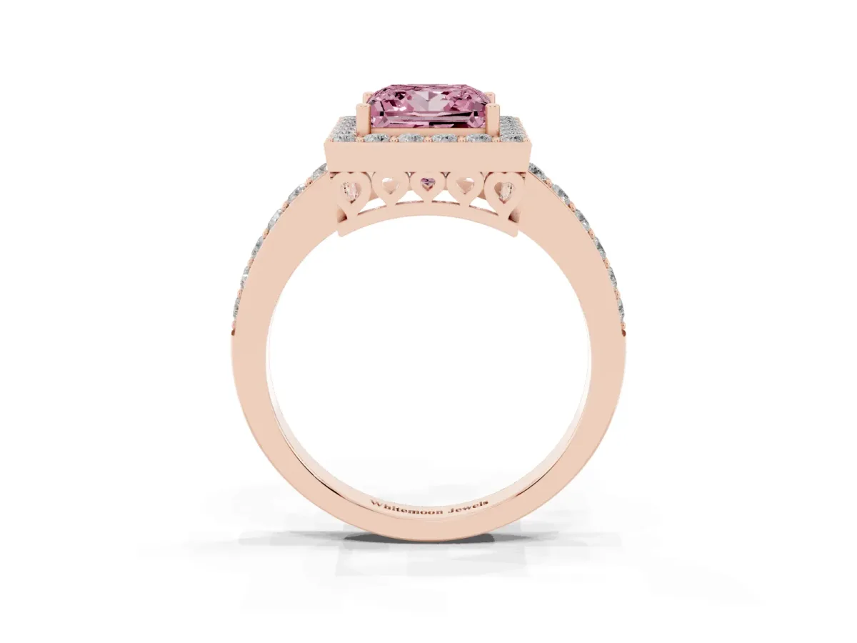 Fancy Pink Princess Cut Halo Diamond Pavé Band Ring with Prong Setting Rose gold