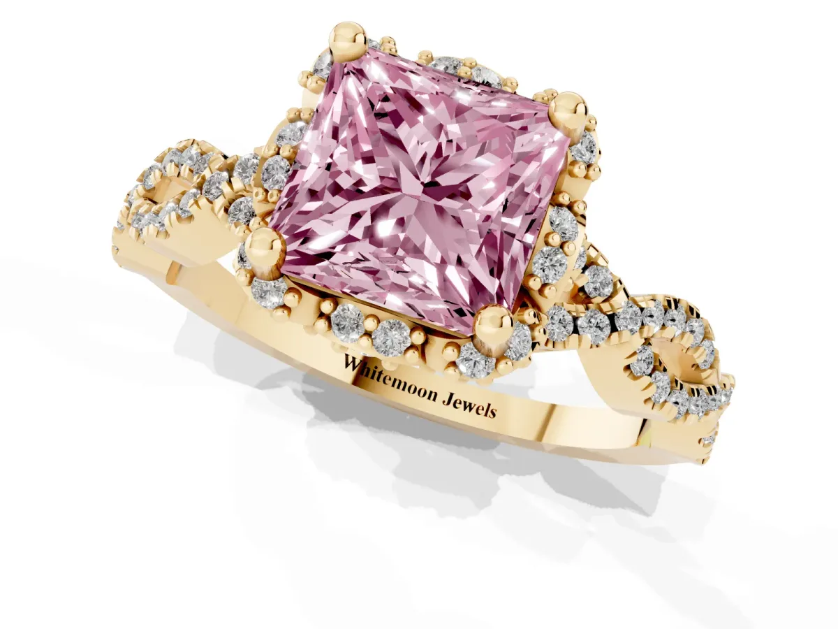 Fancy Pink Princess Cut Halo Twist Band Solitaire Ring with Six-Prong Setting Yellow gold