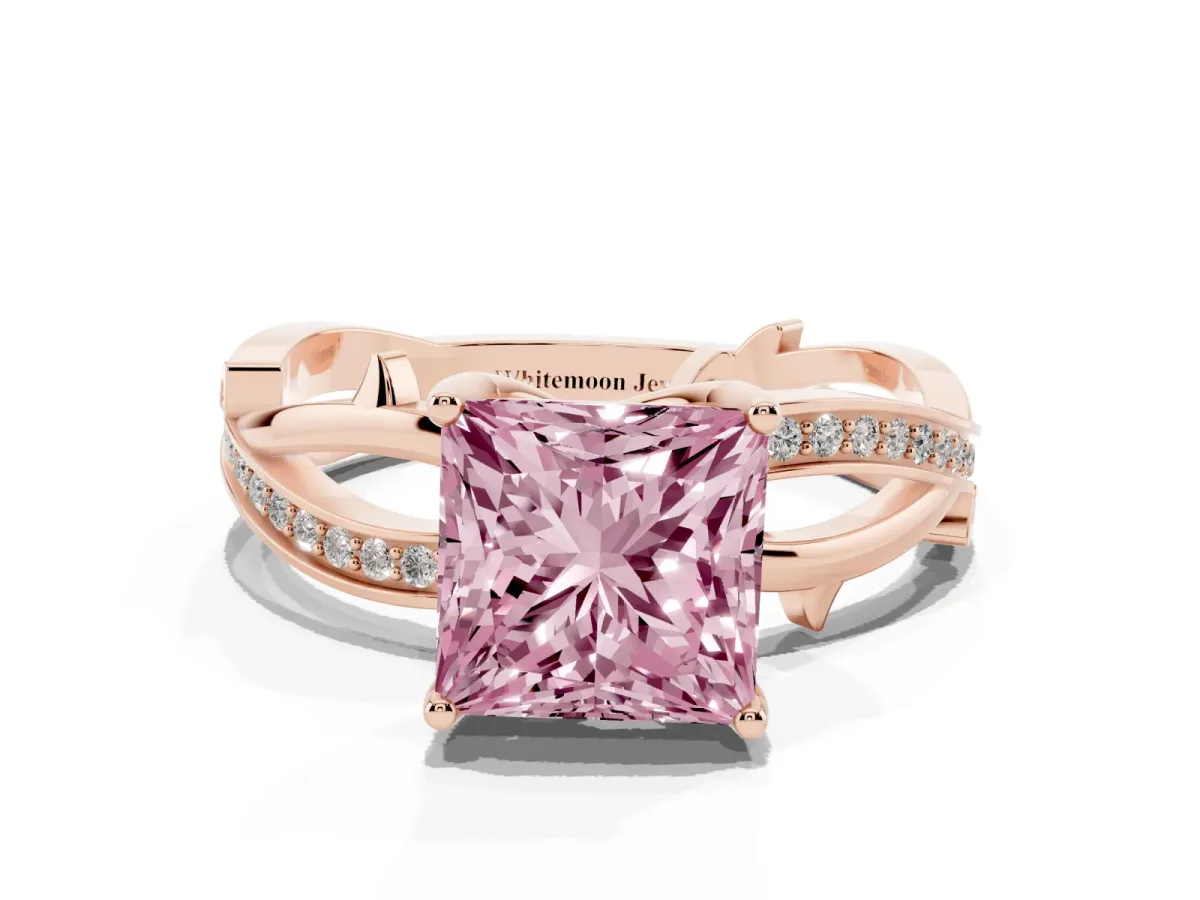 Fancy Pink Princess Cut Solitaire Twist Band with Pavé Accents and Four-Prong Setting Rose gold