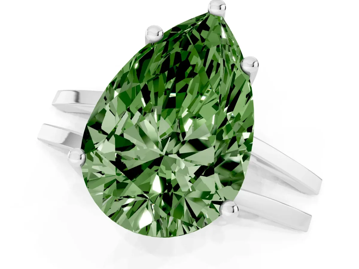 Fancy Green Pear Cut Cut Diamond Solitaire Engagement Ring with Tapered Plain Band and Four-Prong Setting Platinum