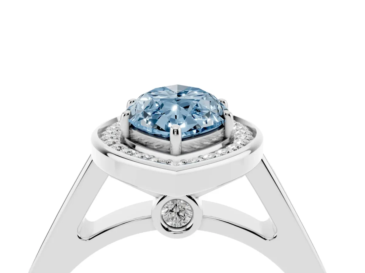 Fancy Blue Marquise Cut Halo Solitaire Diamond Ring with Pave Band and Bezel Setting Silver