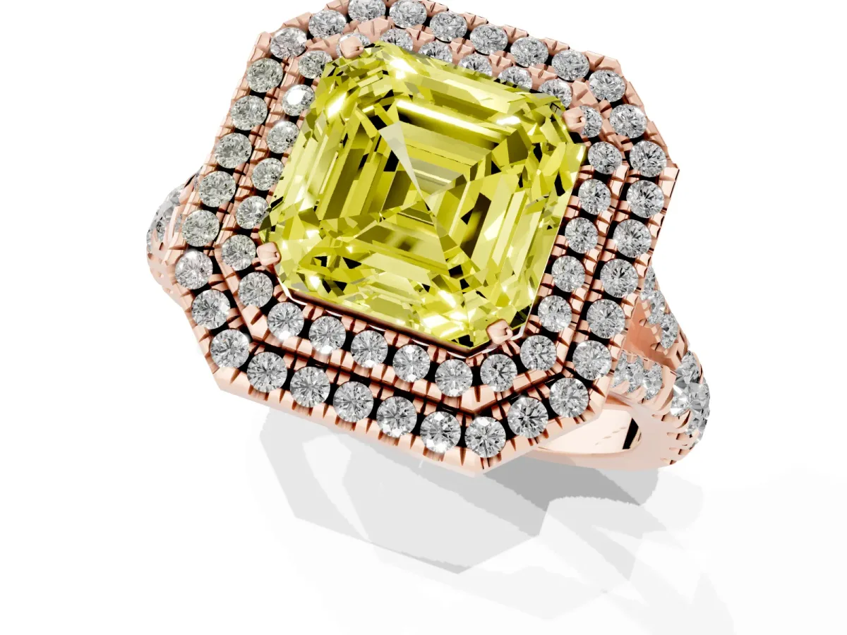 Fancy Yellow Asscher Cut Diamond Pavé Split Shank Double Halo Engagement Ring Rose gold