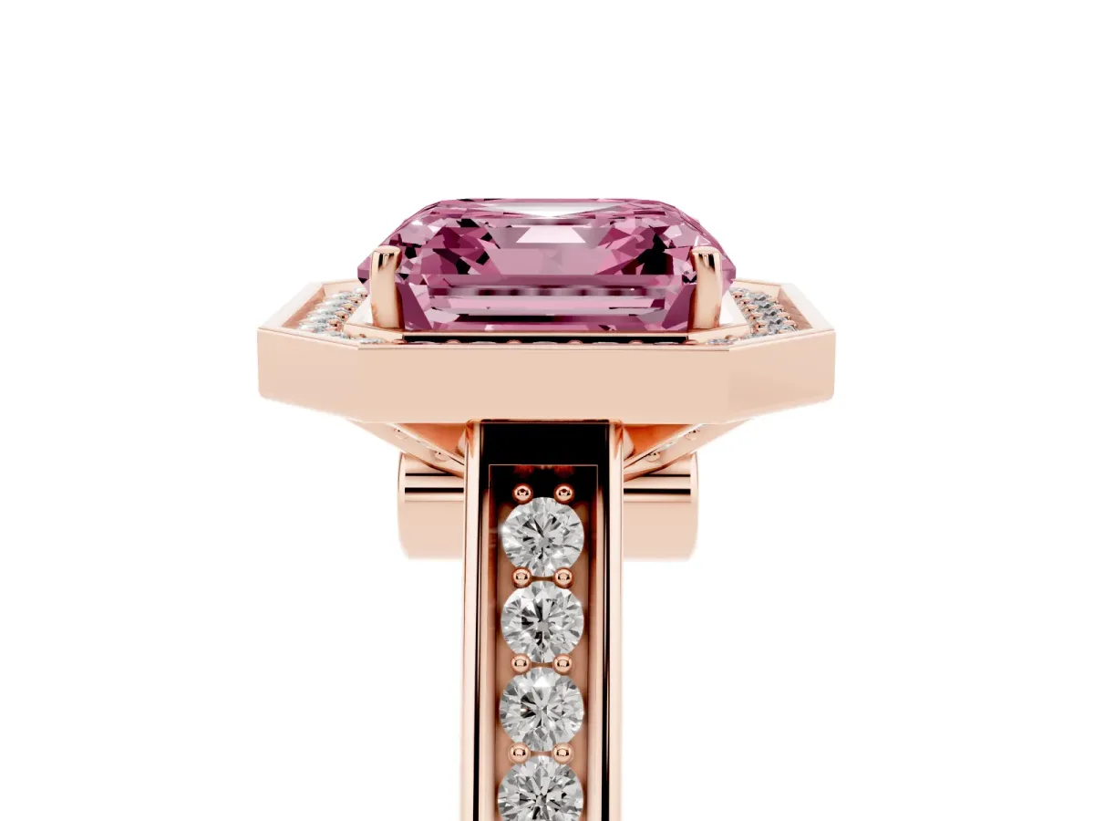 Fancy Pink Asscher Cut Halo Solitaire Diamond Ring with Pave Band and Bezel Setting Rose gold