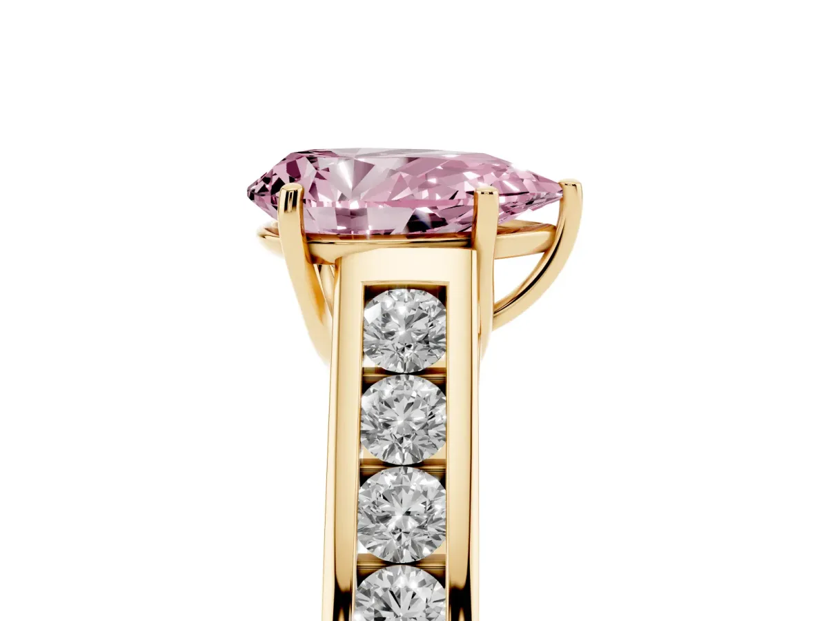 Fancy Pink Pear Cut Solitaire Channel-Set Diamond Engagement Ring with Four-Prong Setting Yellow gold