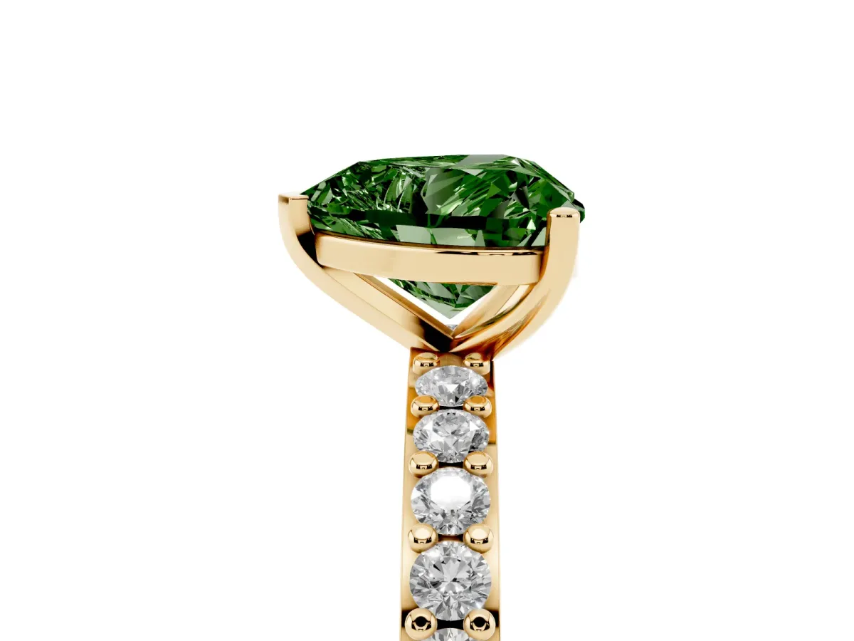 Fancy Green Heart Cut Cut Diamond Solitaire with Pave Band and Four-Prong Setting Yellow gold