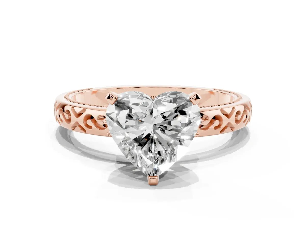 Heart Cut Solitaire Engagement Ring with Scrollwork Band and Four-Prong Setting Rose gold