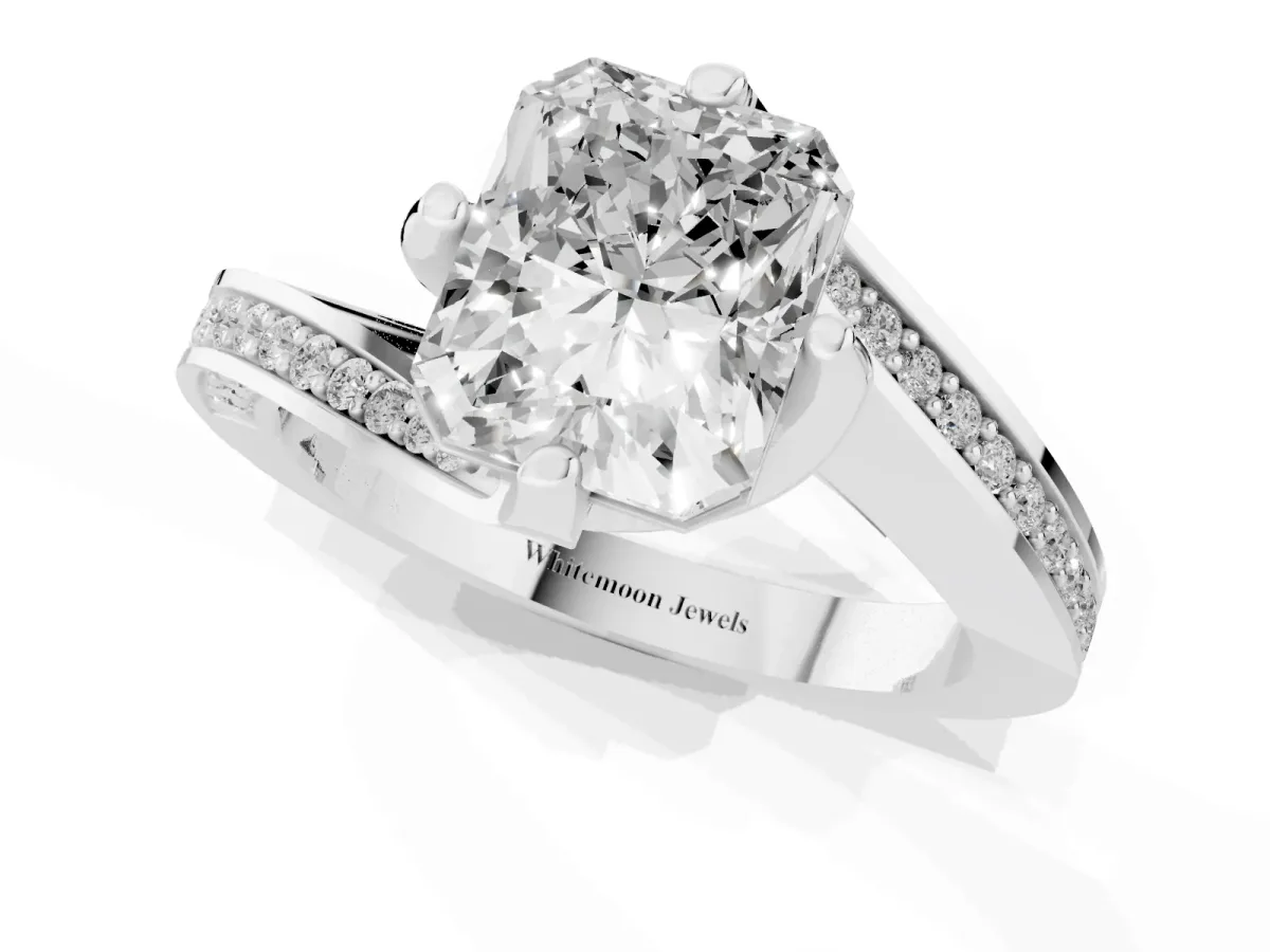 Radiant Cut Solitaire Diamond Twist Band with Pavé Setting and Four-Prong Setting Silver