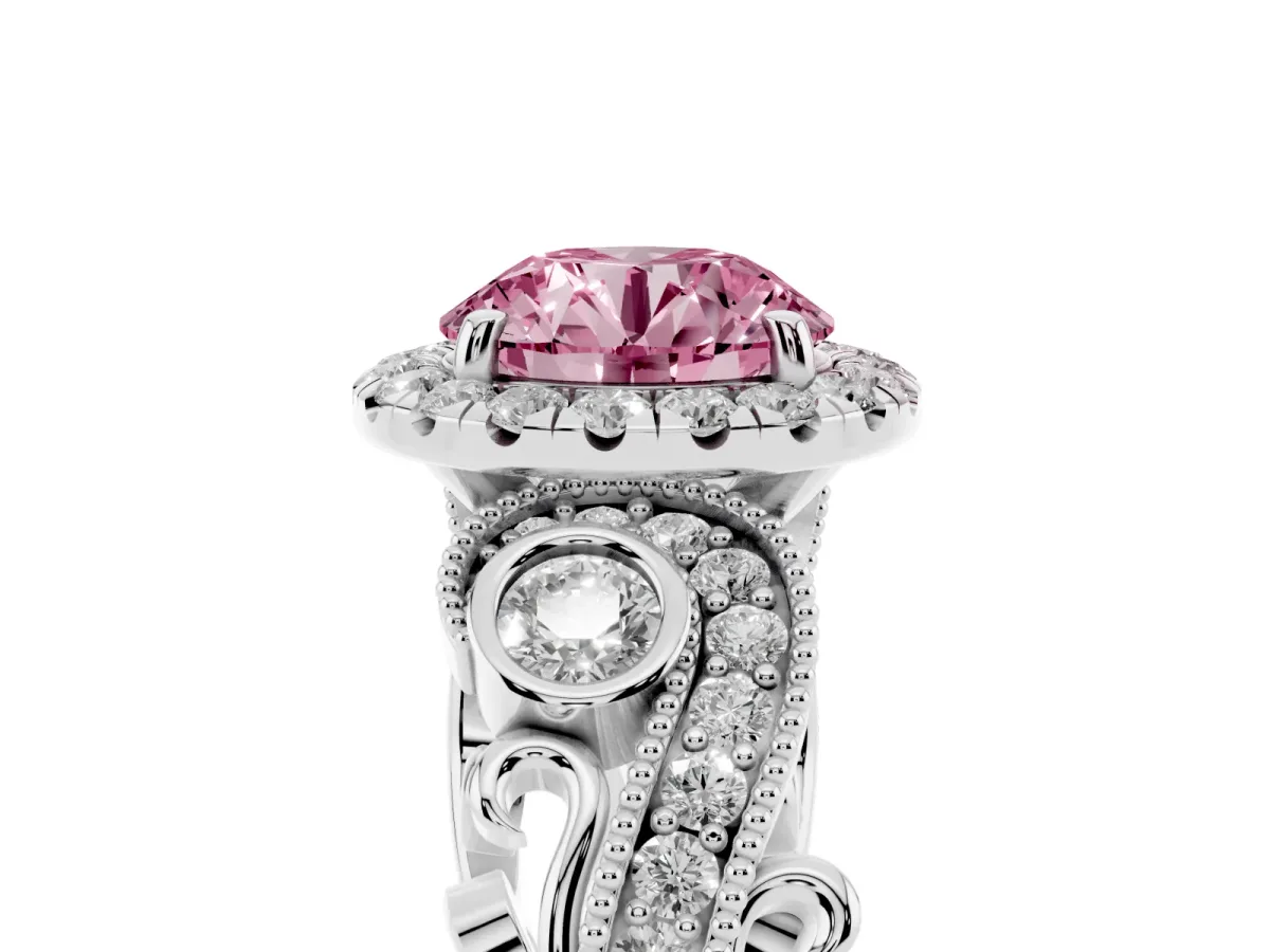 Fancy Pink Round Cut Diamond Halo Ring with Milgrain Pavé Band and Four-Prong Setting Silver