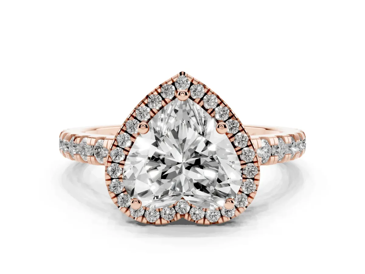 Heart Cut Diamond Halo Ring with Pavé Band and Four-Prong Setting Rose gold